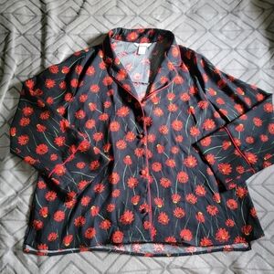 H&M Womens Poppy Print Pajama Style Button Down Top Black & Red Size 12